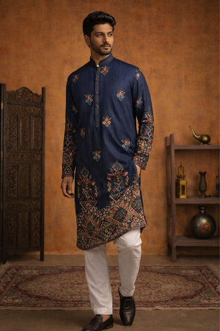 Blue Silk Kurta Set With Resham Embroidery And Sequins Work