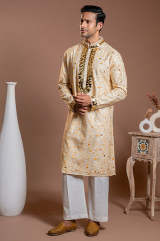 Butter Yellow Silk Kurta Set With Mirror And Moti Work