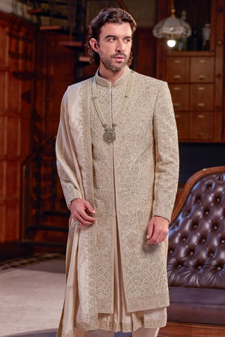 Cream Silk Indo-Western Set with Cutdana Work