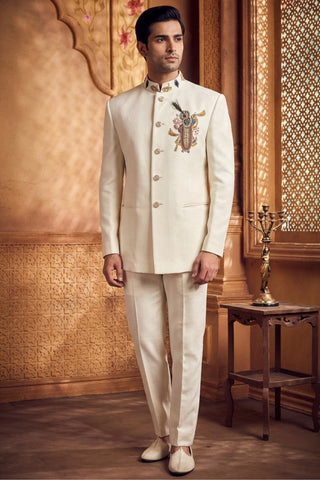 Cream Matka Silk Jodhpuri Set With Cutdana And Moti Work