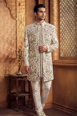 Cream Silk Indo Western With Sequins And Resham Embroidery