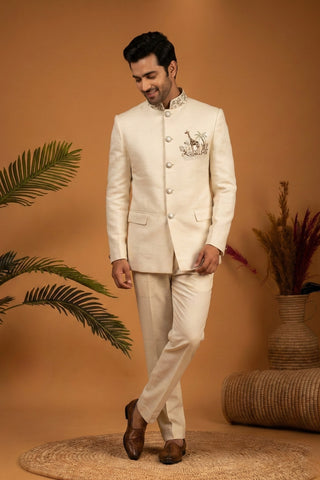 Cream Silk Jodhpuri Set With Cutdana And Moti Work