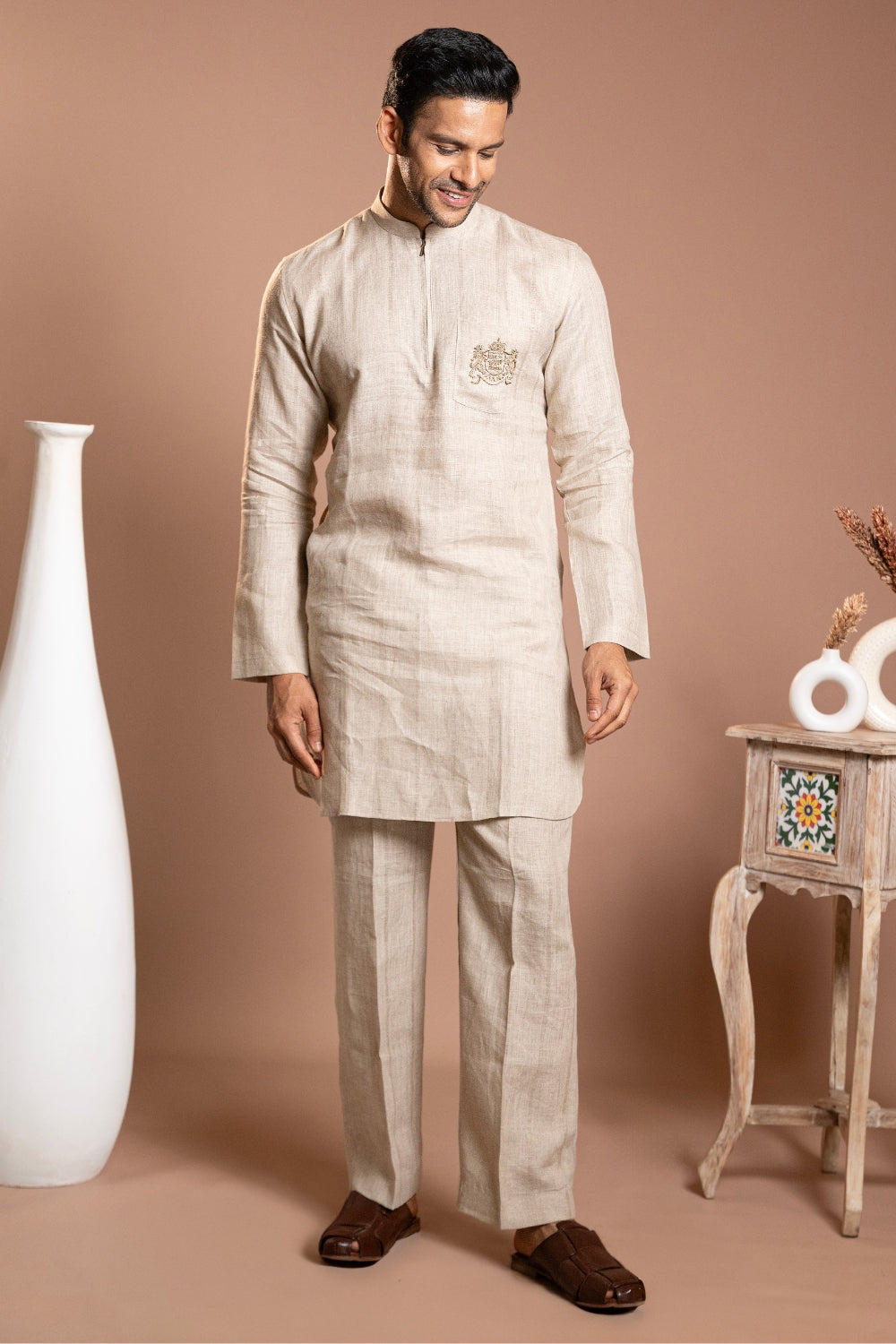 Linen Kurta Set With Zardosi Work