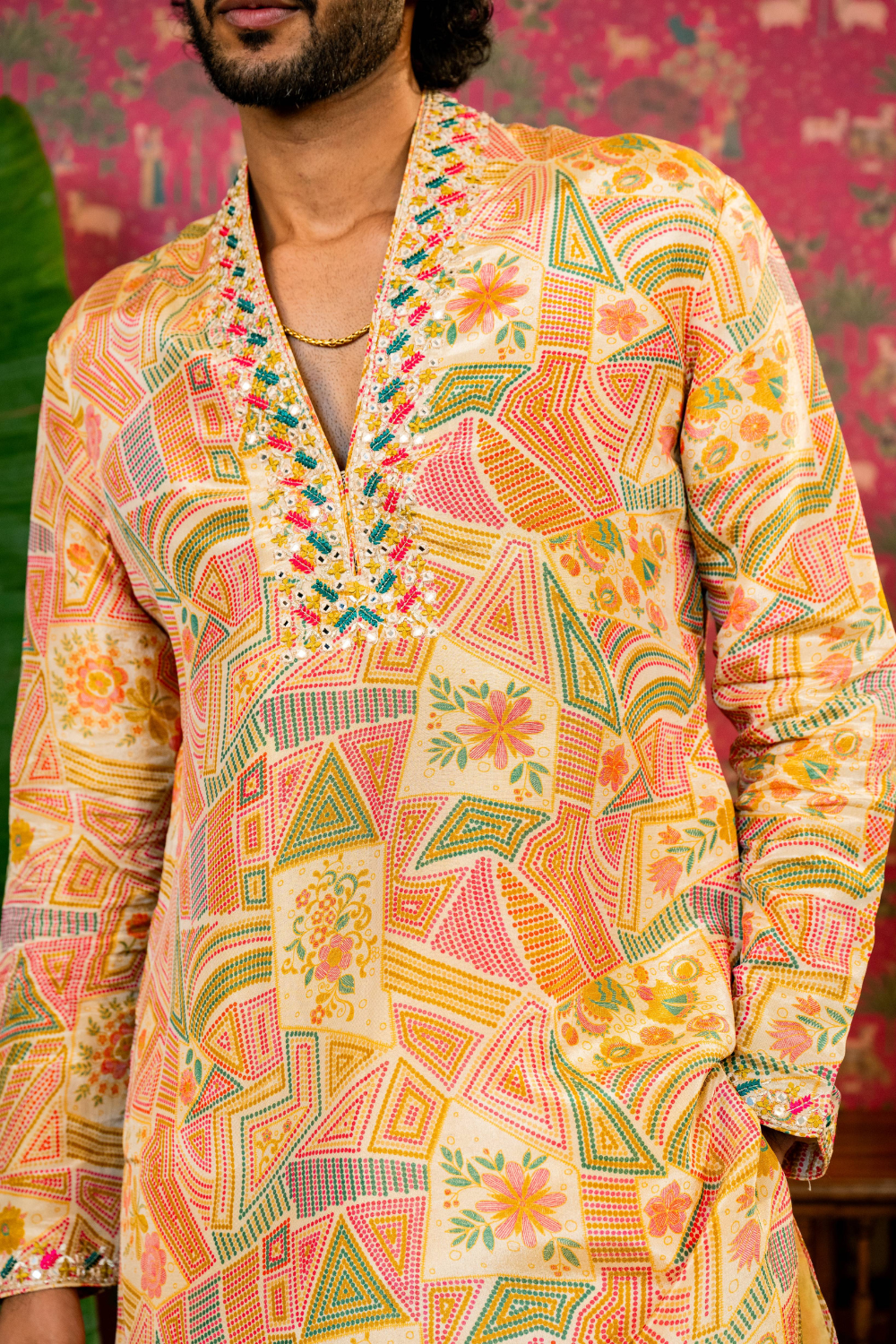Cream Silk Kurta Set With Mirror And Resham Embroidery