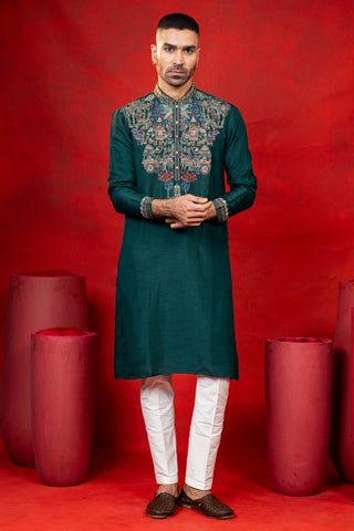 Dark Green Silk Kurta Set with Cutdana Embroidery
