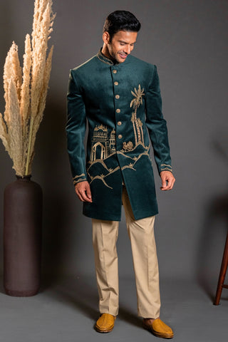 Dark Green Velvet Indo Western With Aari And Moti Work
