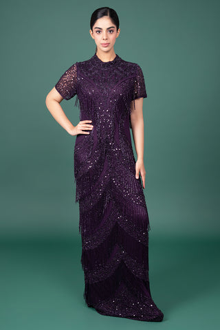 Dark Wine Halter-Neck Gown With Diagonally Placed Sequin And Bead Embellishments