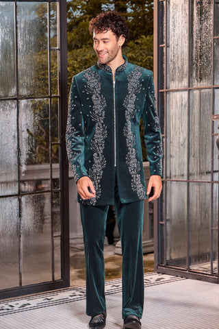 Green Velvet Indo-Western Set with Mirror Work