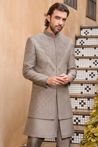 Grey Raw Silk Indo-Western with Cutdana Work