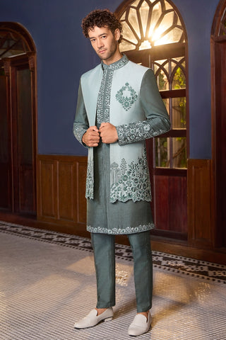 Grey Silk Indo Western With Mirror And Resham Embroidery
