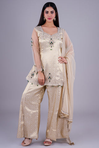 Gold Brocade Peplum Sharara Set