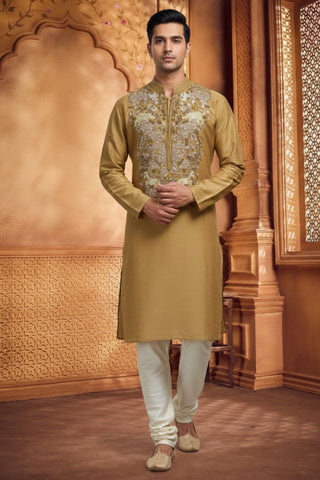 Golden Tissue Silk Kurta Set With Zardosi And Moti Work