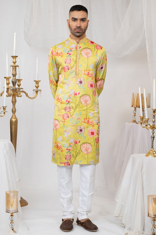 Green Crepe Silk Printed Kurta Set With Moti And Sequins Work