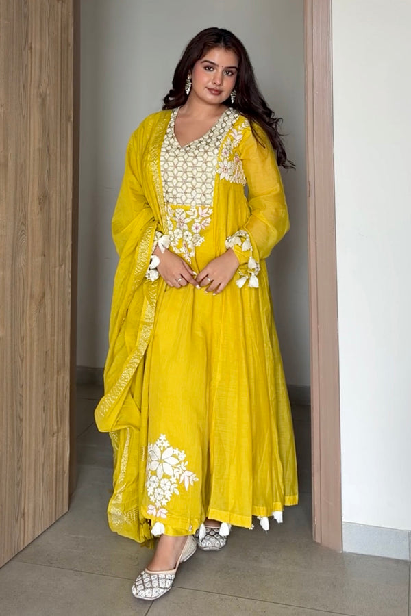 Lime Yellow Embroidered Kurta Pant Set with Dupatta