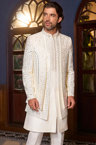 Ivory Silk Indo-Western Set with Mirror Work