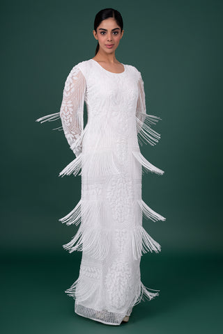 Ivory Leaf-Motif Sequin And Bead-Work Georgette Fringe Gown