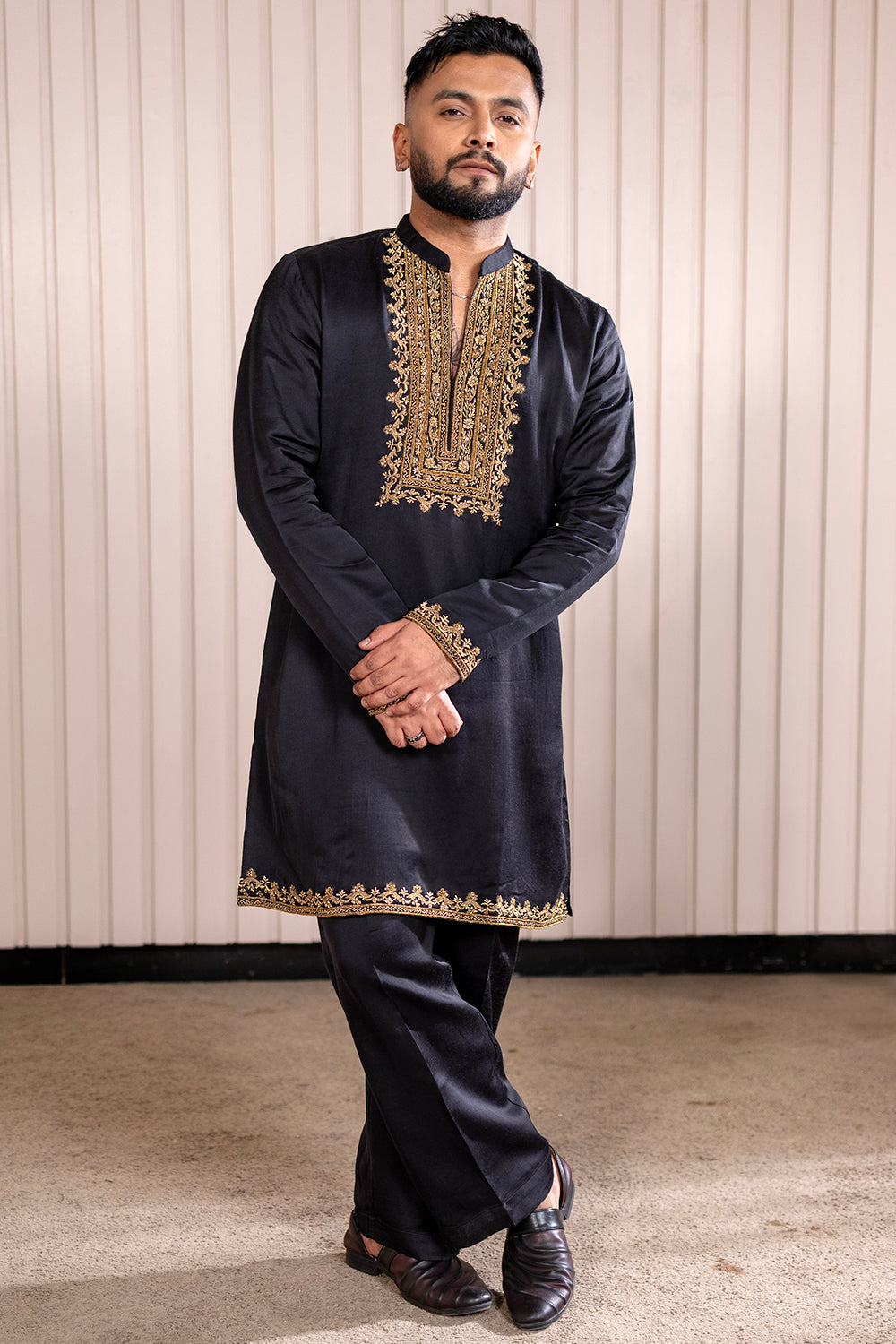 Jet Black Silk Kurta Pajama With Intricate Gold Zari Neckline & Border Work