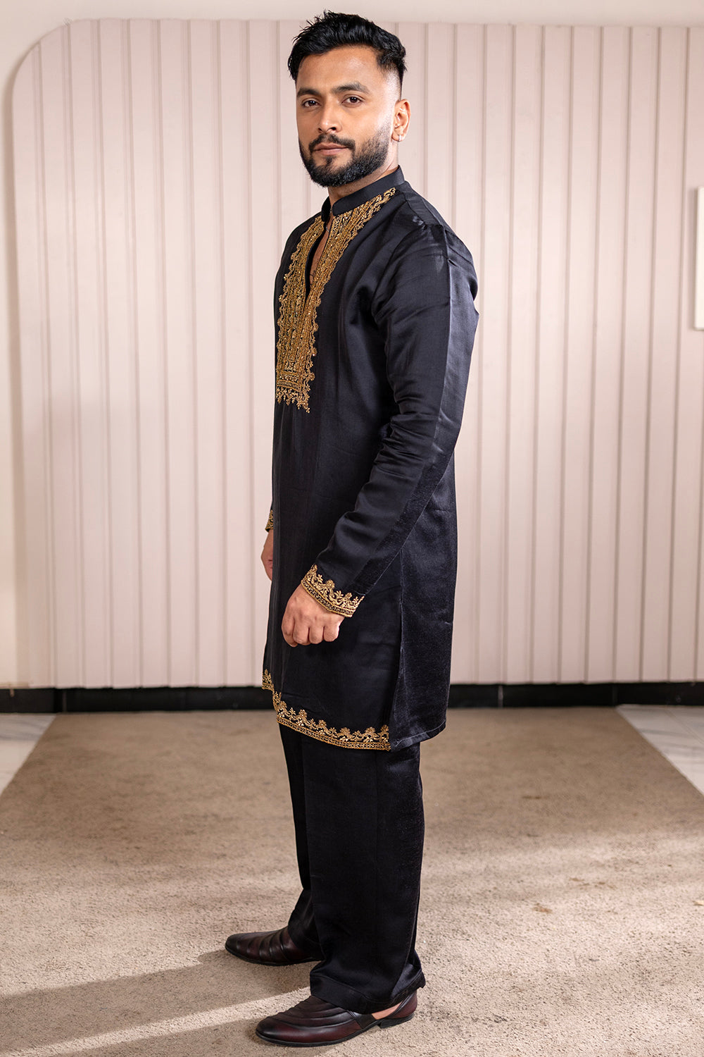 Jet Black Silk Kurta Pajama With Intricate Gold Zari Neckline & Border Work