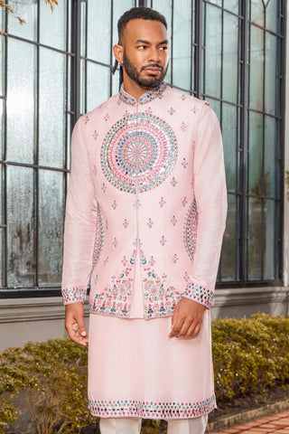 Light Pink Silk Indo-Western Set with Mirror Embroidery