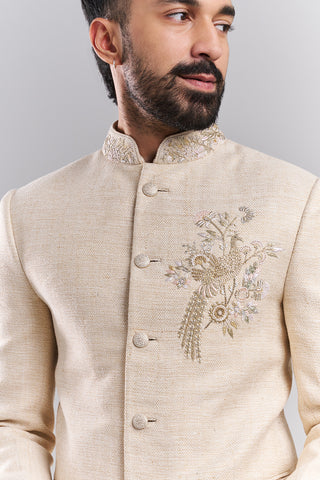 Light Beige Cotton Jute Embellished Jodhpuri Set