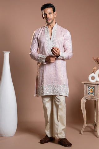 Light Pink Crepe Silk Kurta Set With Sequins And Resham Embroidery