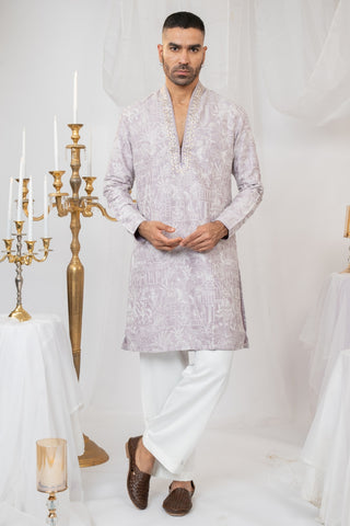 Lilac Silk Kurta Set With Sequins And Embroidery