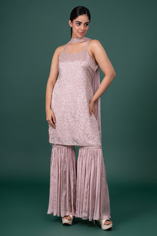 Mauve Sleeveless Georgette Sequin-Work Kurta With Pleated Sharara