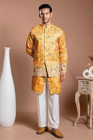Mustard Yellow Printed Silk Koti Set With Sequins And Cutdana Work