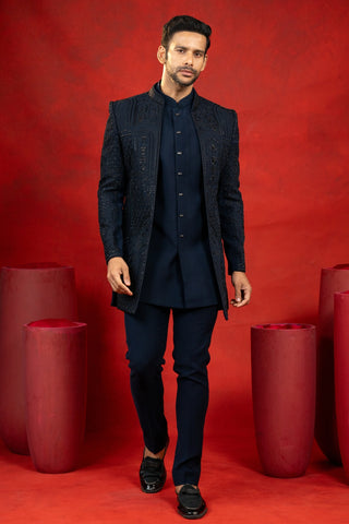 Navy Blue Imported Indo Western With Cutdana And Sequins Work