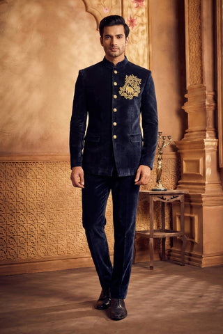 Navy Blue Velvet Jodhpuri Set With Zardosi Work