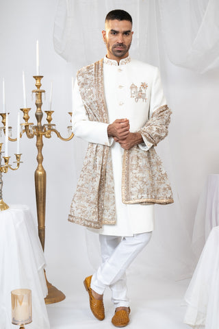 Off-White Matka Silk Sherwani With Zardosi And Resham Embroidery