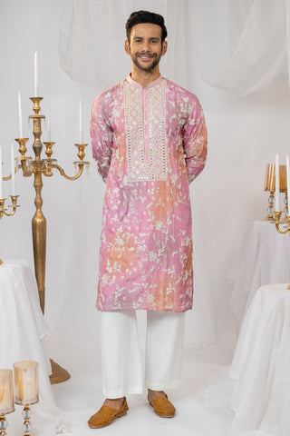Ombre Silk Kurta Set With Mirror And Thread Embroidery