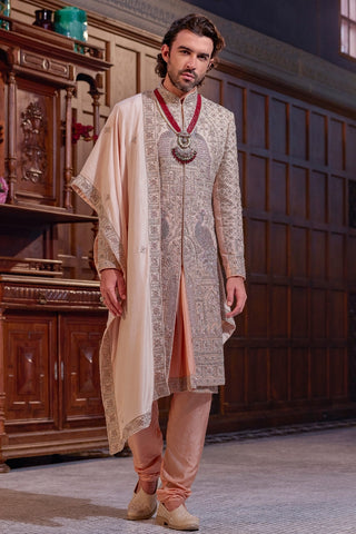 Peach Silk Sherwani With Zardosi And Moti Work