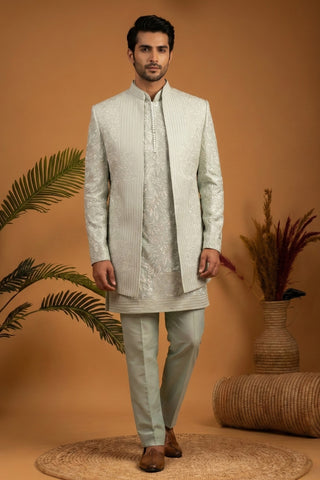 Pista Green Silk Indo Western With Embroidery And Sequins Work
