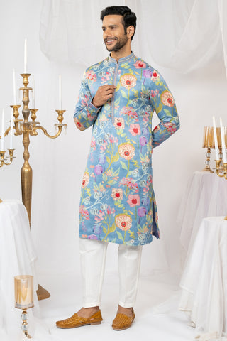 Powder Blue Crepe Silk Printed Kurta Set With Cutdana And Sequins Work