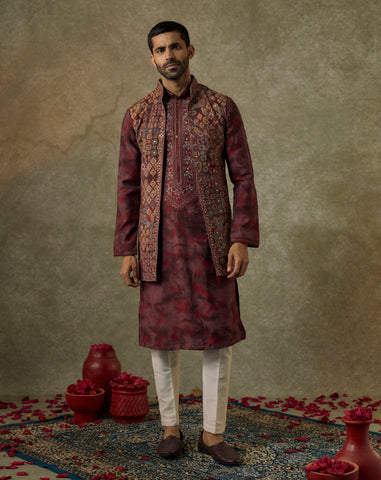 Berry Printed Silk  Resham And Embroidered Open  Kurta Jacket  Set