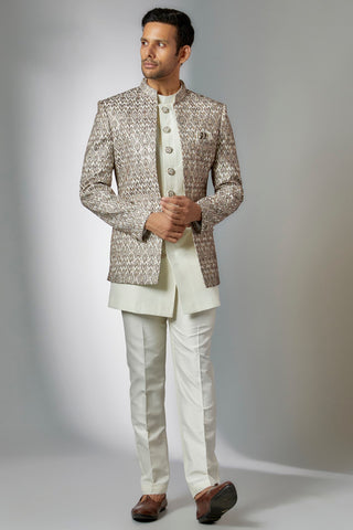 Off-White Silk Embroidered Indowestern Set