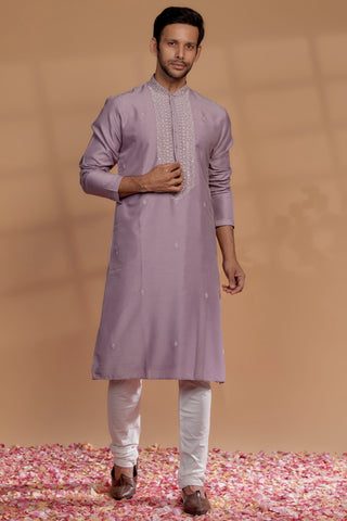 Lilac Silk Hand Embroidered Kurta Set