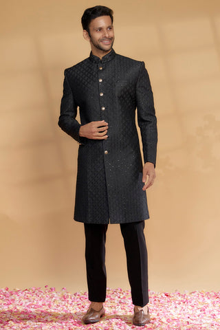 Black Raw Silk Sherwani Set