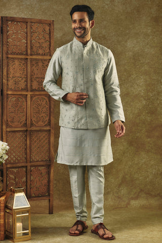 Pista Green Silk Kurta Jacket Set with Mirror Embroidery
