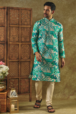 Tropical Green Printed Silk Kurta Set With Resham Embroidered Neck