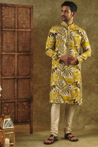 Mustard Yellow Printed Silk Kurta Pajama Set With Resham Embroidered Neck