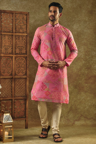 Salmon Pink Printed Silk Kurta Pajama Set With All Over Thread And Sequin Work