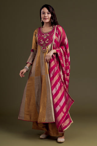 Golden and Copper Chanderi Anarkali Set with Rani Red Accents and Silk Dupatta