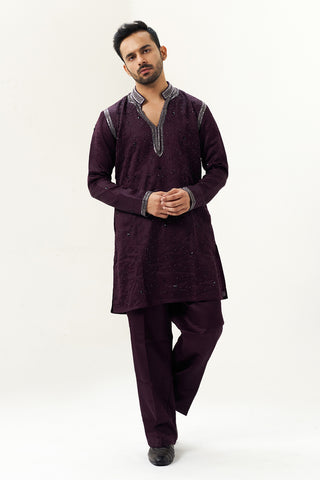 Wine Red Satin Silk Embellished Men's Kurta Set