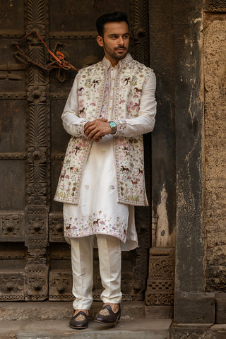 Off White Zardosi Embellished Silk Men's Kurta with Jacket