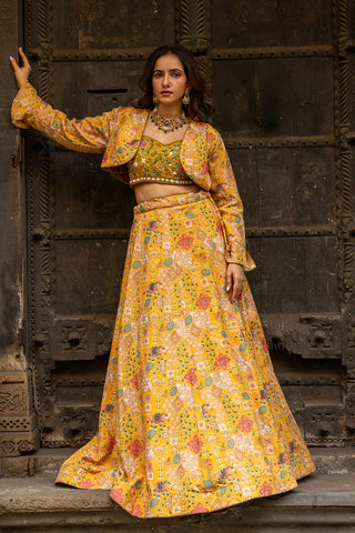 Mustard Yellow Embellished Organza Festive Lehenga Set
