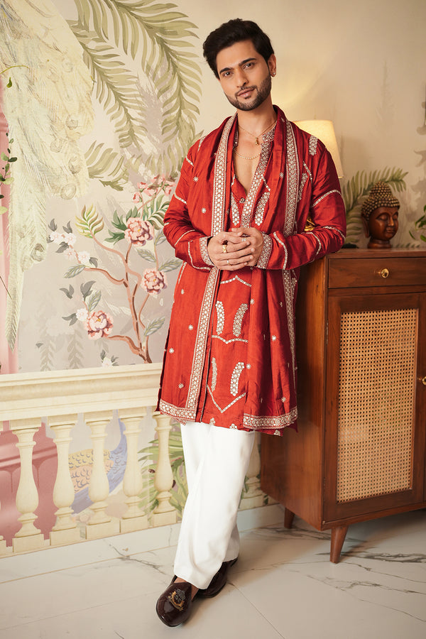 Rust Art Silk Mens Kurta Set with Mirror Work and Embroidered Dupatta