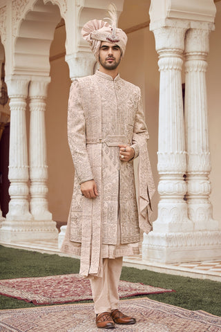 Rose Gold Silk Sherwani With Cutdana And Sequins Work