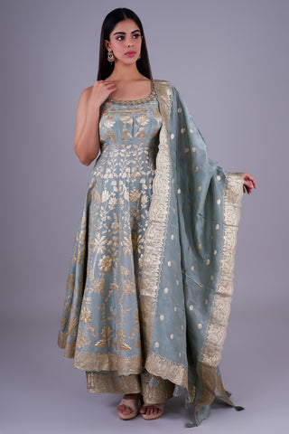 Sage Banarasi Anarkali With Zari